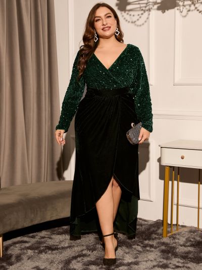 Plus Contrast Sequin Wrap Hem Bridesmaid Dress