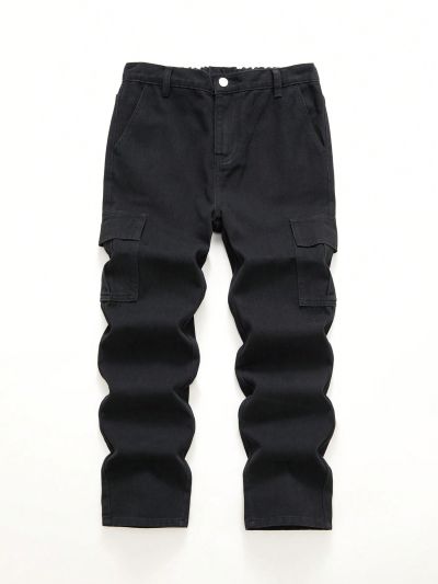Teen Boys Loose Black Denim Cargo Pants For Teenagers