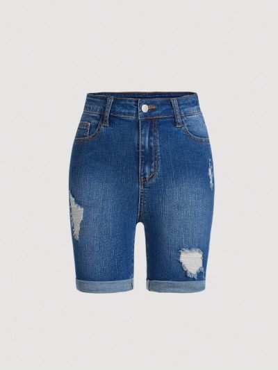 SHEIN Tween Girl Ripped Jeans Rolled Hem Denim Shorts