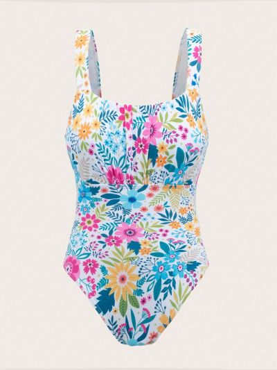 Girls Teen Floral Print Chest Pleated One Piece Swimsuit