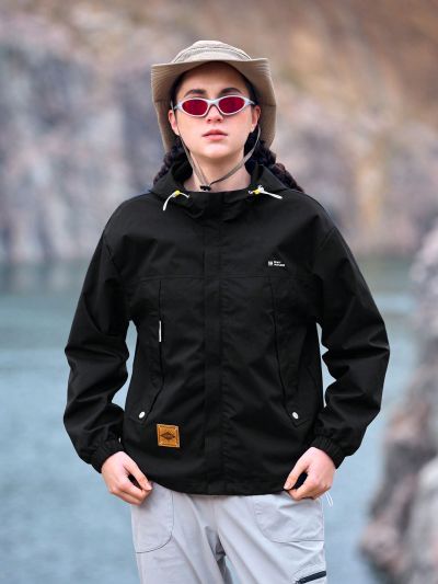 In My Nature Hooded Waterproof Jacket With Patch Detail For Outdoor Activities
