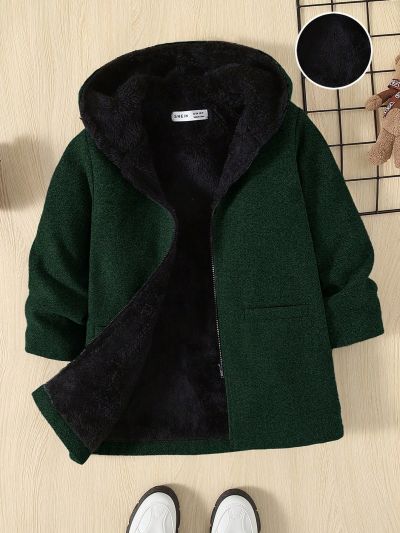 SHEIN Young Boy Dual Pocket Teddy Lined Hooded Overcoat