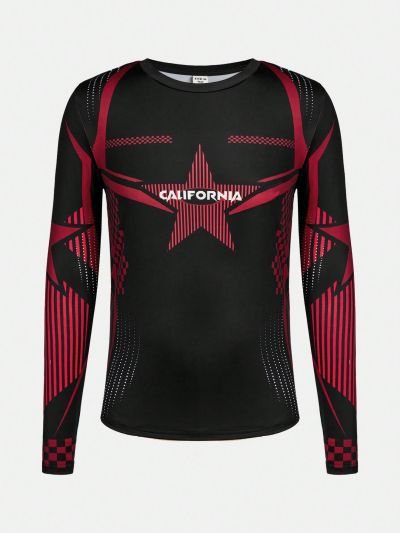 SHEIN Teen Boy'S Casual And Cool Striped Star & Letter Printed Slim Fit Sports T-Shirt