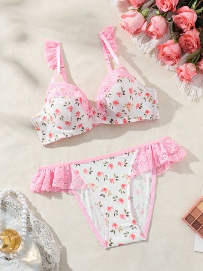 SHEIN Women's Floral Printed Patchwork Lace Underwear Set