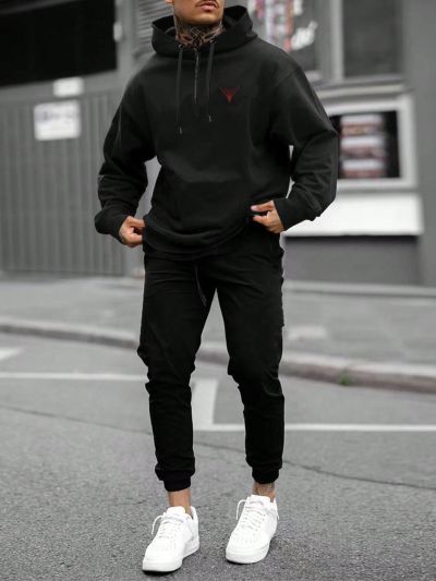 Manfinity Men's Printed Hoodie And Sweatpants With Drawstring, Casual Tracksuit