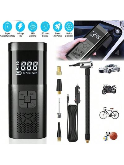 Portable Tire Inflator Set Including Air Compressor, Car Charger Plug 12v, With Storage Bag, Equipped With Three Light Modes (normal Lighting, Red Slow Flashing Warning, Sos Emergency Light), Suitable For Inflating Tires Of Cars, Motorcycles,