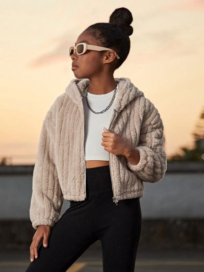 SHEIN Kids Cooltwn Girls' Thick Double-sided Fleece Hooded Jacket, Ideal For Casual Wear In Fall & Winter