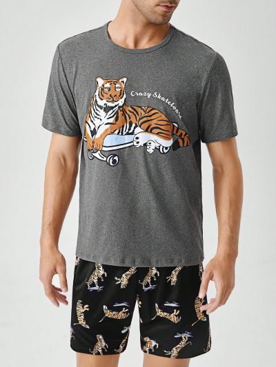 Men Tiger & Letter Graphic PJ Set