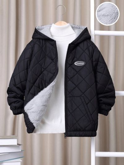 SHEIN Kids EVRYDAY Tween Boy Black Thickened Hooded Long Sleeve -padded Jacket, Suitable For Winter