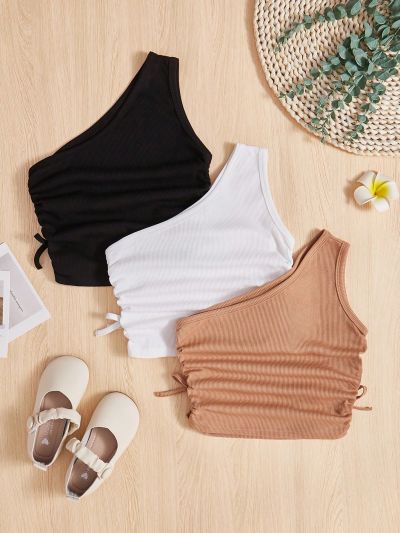 SHEIN Kids EVRYDAY Tween Girls Knit Solid Color One Shoulder Pleated Slim Fit Casual Vest 3pcs/Set