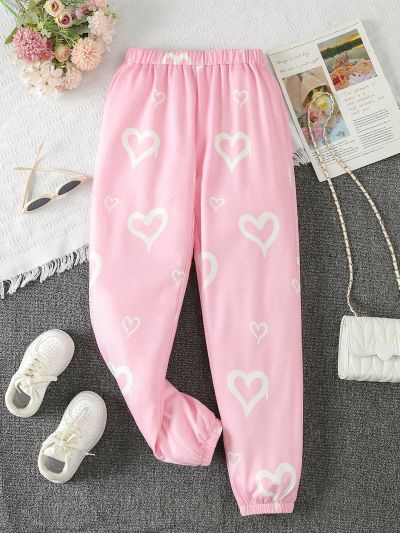 Big Girls' Elastic Waist Heart Patterned Sweatpants