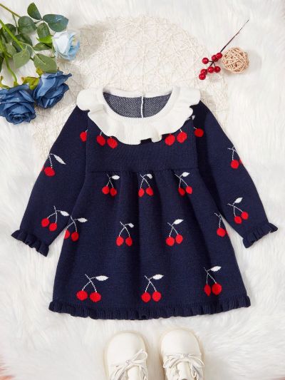 Infant Girls' Cherry Patterned Sweater Dress With Ruffle Trim
