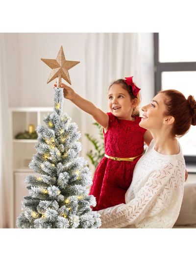 Costway 5FT Pre-Lit Hinged Christmas Tree Snow Flocked w/9 Modes Remote Control Lights