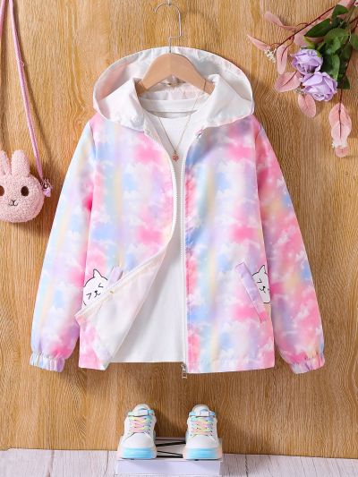SHEIN Kids Nujoom Tween Girls' Rainbow Cloud Hooded Jacket