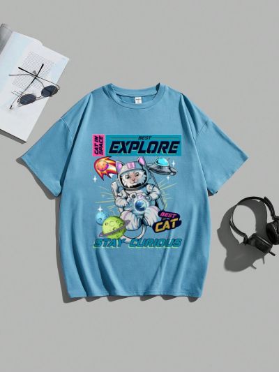 Teenage Boys' Casual Cartoon Pattern Short Sleeve T-Shirt, Suitable For Summer