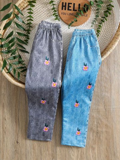 SHEIN Kids EVRYDAY Imitation Denim Digital Digital Printing Girls Bottoms Outdoor Sports Casual Girls Pants Autumn And Winter Children's Two-Piece Clothes