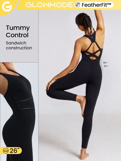 GLOWMODE 26" FeatherFit™ The League Racerback Tummy Control Jumpsuit Light Support Low Impact Yoga Studio