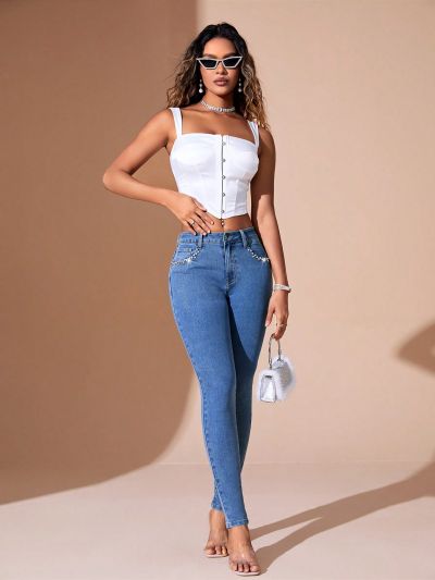 SHEIN BAE Women's Fashionable Rhinestoned Denim Tights