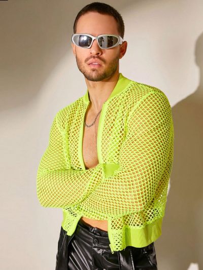 FeverCity Men'S Hollow Out Knitted Casual Baseball Jacket