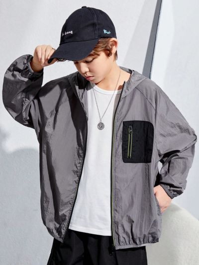 SHEIN Kids KDOMO Boys' Hooded Zip-Up Jacket With Color Blocking Design, For Teenagers