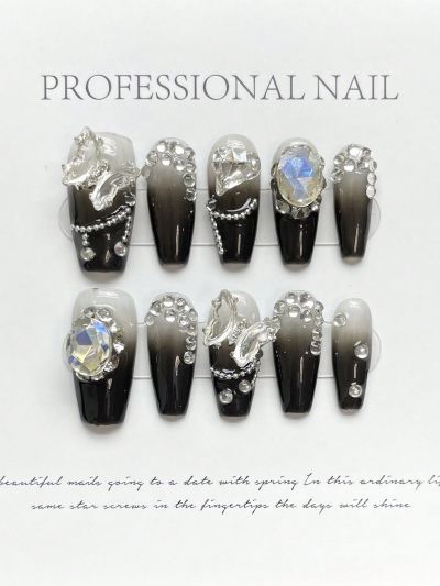 Goth 10pcs Long 3D Butterfly & Heart Decor False Nails, Including Jelly Glue