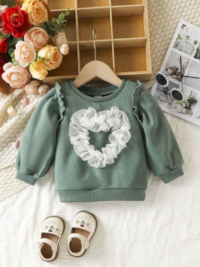 Baby Girl Casual Simple Heart Mesh Patchwork Comfortable Loose Fit Sweatshirt For Spring & Autumn