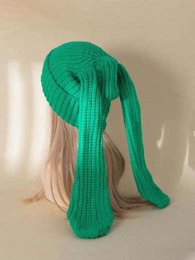 1pc Ladies' Christmas Green Long Rabbit Ears Flip Brim Knit Hat, Ribbed, Thick Insulated Beanie Cap For Autumn/winter Parties