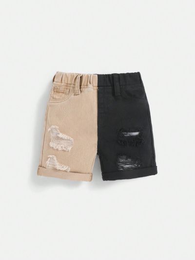 SHEIN Baby Boy High Waist Colorblock Ripped Raw Trim Denim Shorts,Two Tone Elastic Waist Casual Summer Short