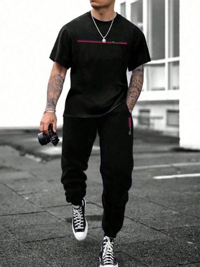 Men'S Letter Pattern Short Sleeve Top And Pants Casual 2pcs/Set