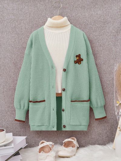 SHEIN Girls' Casual Bear Embroidery Double Pocket Cardigan Sweater