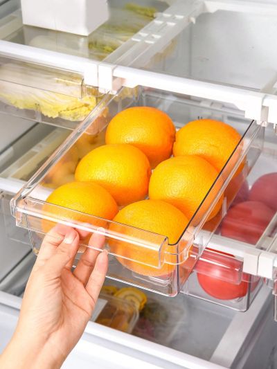 SHEIN Basic living 1Pc Fridge Drawer Organizer,Refrigerator Organizer Bins,Under Shelf Storage Drawer,Fridge Storage Box Shelf Holder,Pull Out With Handle,Clear Container For Food,Drinks,Fit for Fridge Shelf Under 0.6,Kitchen Storage Supplies,