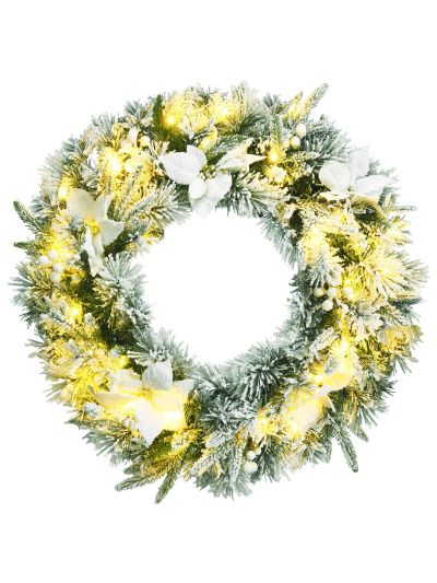 Costwy 24'' Pre-lit Snowy Christmas Wreath w/ Berries Poinsettia Flowers Timer
