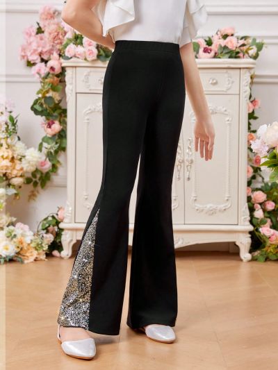 SHEIN Kids CHARMNG Tween Girls' Knitted Contrast Sequin Fashionable Casual Bell-Bottom Pants