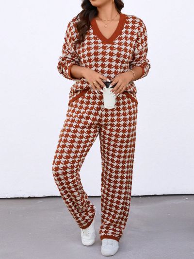 SHEIN LUNE Plus Size Women's Houndstooth Sweater And Sweater Pants Set