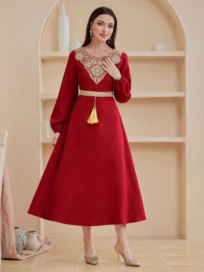 SHEIN Najma Embroidery & Tassel Decorated Lantern Sleeve Dress