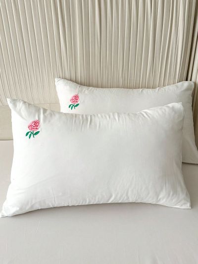2pcs White And Pink Rose Embroidery Brushed Fabric Pillowcases