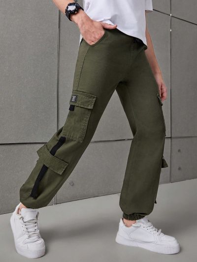 SHEIN Teen Boy Workwear Style Denim Pants, Elastic Waist With Drawstring, Tie Cuff, Washed, Comfortable And Casual