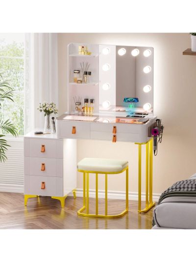 Gurexl Vanity Desk with Wireless Charging Station, Dressing Table with Lighted Mirror & 3 Lighting Modes Adjustable Brightness, Glass Top Makeup Vanity Table Set with 6 Drawers & Stool