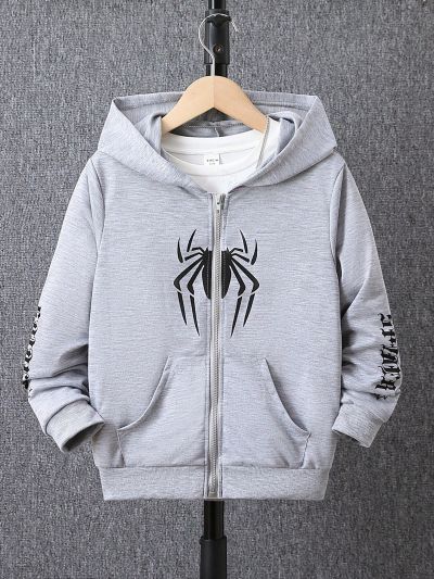 Tween Boys Letter & Spider Print Zipper Front Hoodie