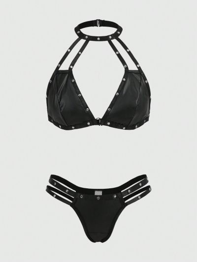 ROMWE Grunge Punk Beaded Decorative Halter Neck Pu Leather Underwear Set