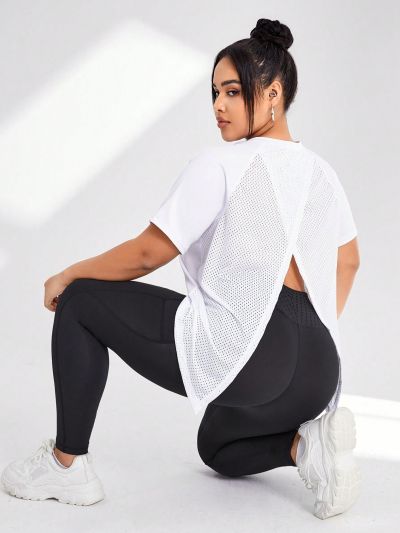 Yoga High Street Plus Size Breathable Mesh Back Cross-Cut Short Sleeve Athletic T-Shirt