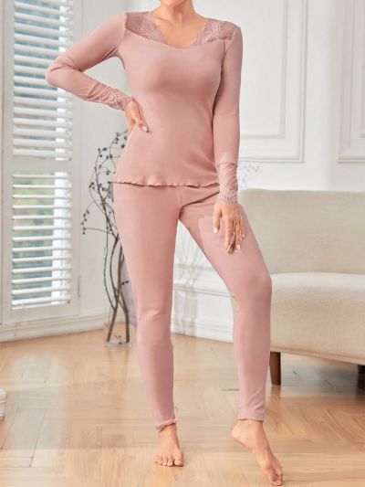 Lace Patchwork Top And Bottom Women's Warm Suit