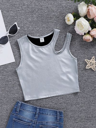 SHEIN Kids HYPEME Tween Girls' Sports Street Fashion Elastic Faux Leather Sleeveless Tank Top