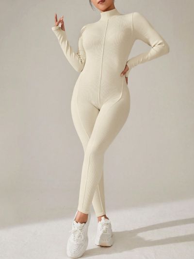 Solid Color Long Sleeve Thumb Hole Sports Jumpsuit