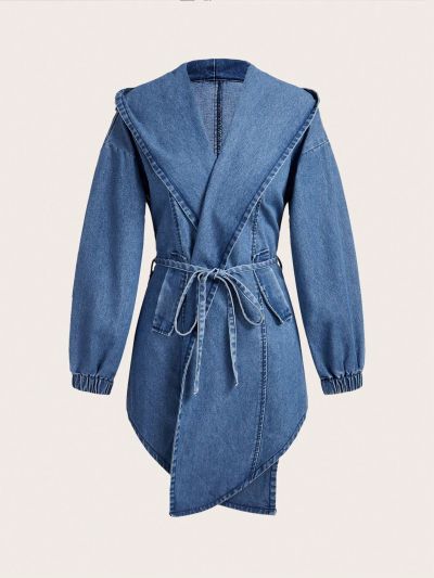 Waterfall Collar Denim Coat With Belt