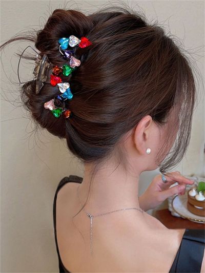1pc Women's Hair Claw Clip With Rhinestone Heart Detail, Simple Design, , Suitable For Side Hair Style