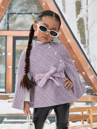 SHEIN Kids Cooltwn Young Girl Plaid Cloak Sleeve Belted Overcoat