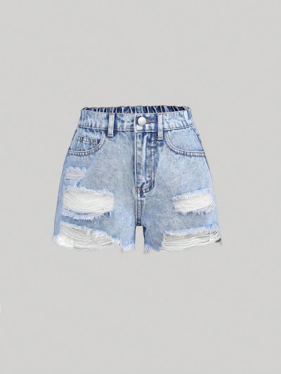 SHEIN Tween Girls' Spring Summer Boho Stonedwashed Ripped Raw Hem Denim Jeans Shorts,Girls Summer Clothes Outfits