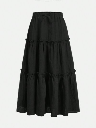 SHEIN Kids KDOMO Girls' Loose Fit Three Layer Patchwork A-Line Half Skirt With Solid Color For Casual Wear