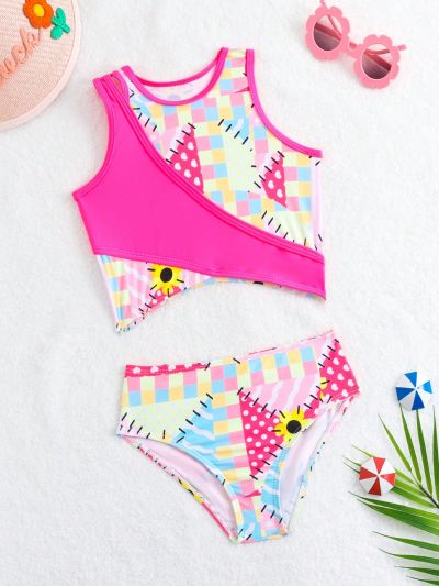 Young Girls' Checkered Print Halter Neck Bikini Set